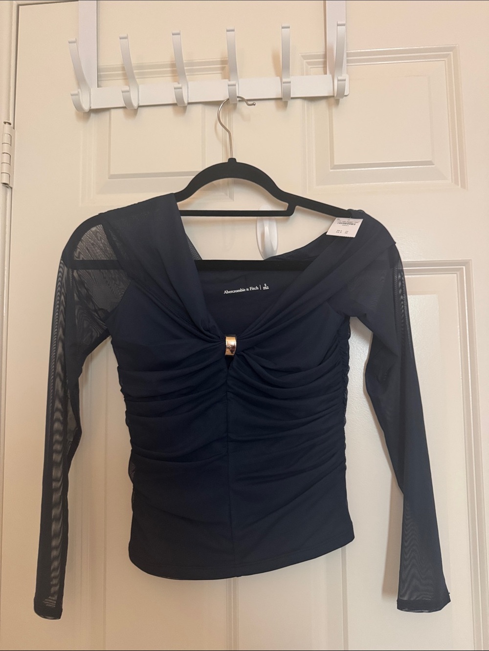 Abercrombie & Fitch Navy Ruched Long-Sleeve Mesh Top with Gold Accent